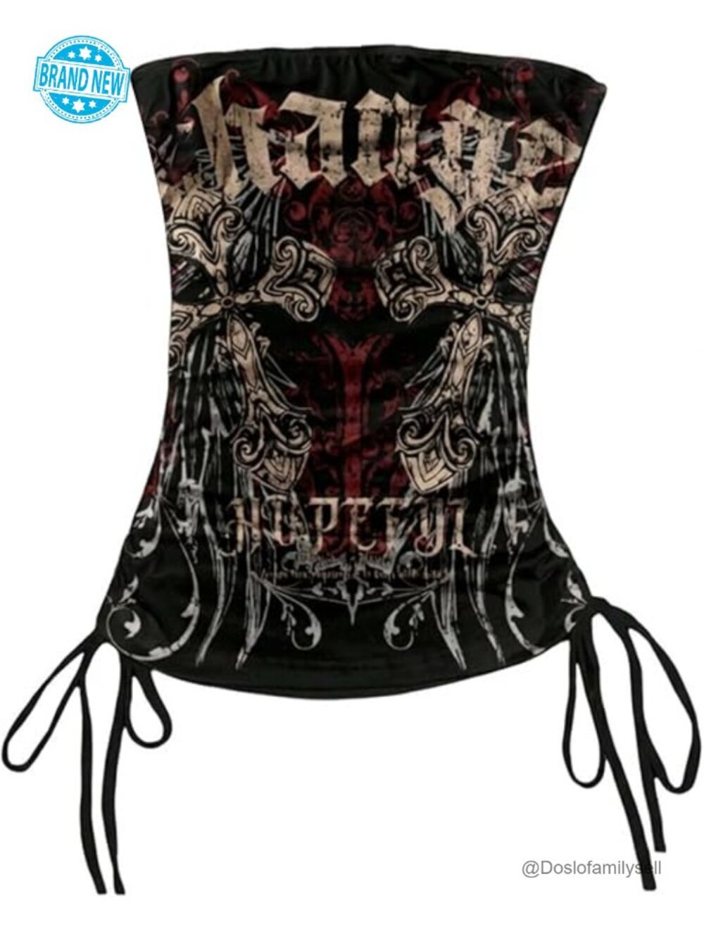 Gothic Graphic Strapless Tube Top Y2K Punk Drawstring Side Bandeau Crop Top